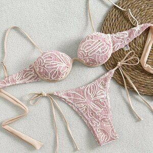 Pink Boho Women's Embroidered Crochet Bikini with Underwire Bra & Side Tie